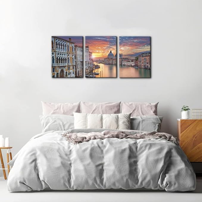 Pacimo 3 Piece Canvas Wall Art - Venice Framed Wall Art Decor Grand Canal in Venice Pictures Painting on Canvas Modern Art Home Decoration Stretched and Framed Ready to Hang - 12 x 16 inch x 3 Panels