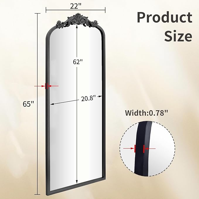 AIXI HOME Arched Black Antique Full Length Wall Mirror 22"x65", Arendahl Elegant Floor Vintage Mirror with Ornate Matel Frame, Baroque Inspired Home Decor for Bedroom/Living Room/Hallway