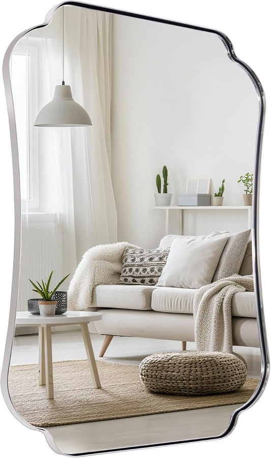 ANDY STAR Chrome Bathroom Mirror 24x36 Inches, Modern Scalloped Edge Wall Mirror with Stainless Steel Frame for Hallway, Lounge and Vanity Area