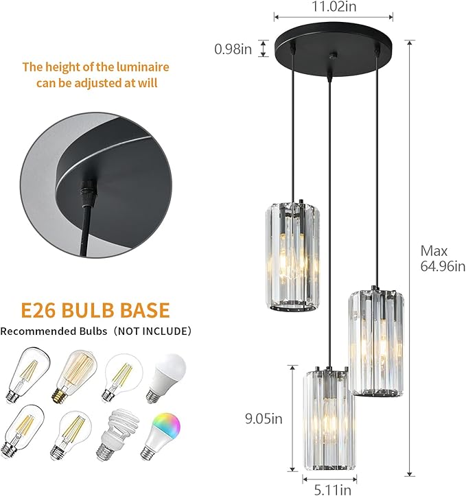 Black Pendant Lighting Modern Pendant Light, Mini Crystal Chandeliers,Adjustable Pendant Light Fixture for Kitchen Island Dinning Room Corridor Bedroom(Black 3-Light)