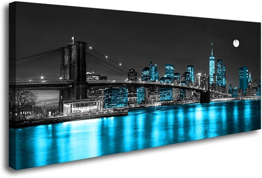 Aibonnly Wall Art Canvas Painting Black White and Blue New York Brooklyn Bridge 1 Piece Cityscape Night Building Picture Poster Print Framed for Living Room Bedroom Kitchen Office Home Decor