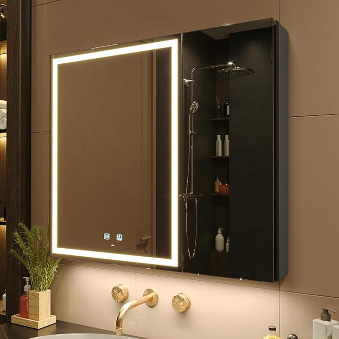 KWW 30 x 28 Inch Double Doors LED Lighted Bathroom Medicine Cabinet, Defogger, Dimmable, 3 Color Light Makeup Mirror, Outlets & USBs, Easy to Install, Wall Mounted Mirror Cabinet