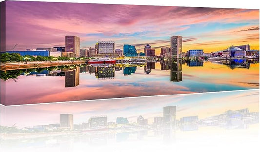 Canvas Wall Art for Living Room Baltimore Maryland Modern Home Decor USA Skyline on the Inner Harbor HD Printed Posters for Bedroom Office Wall Art Painting Bathroom Pictures Ready to Hang 12x46 Inch