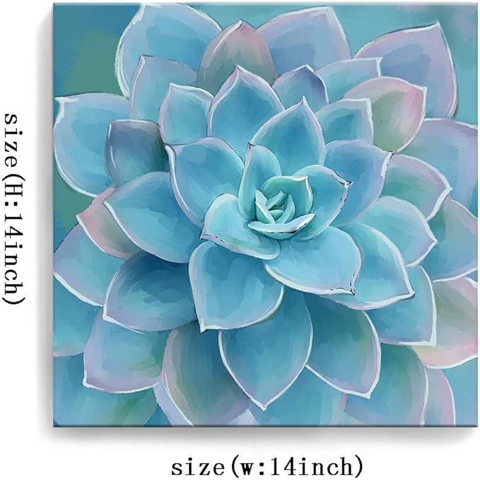 Blue Succulents Bathroom Decor Wall Art Framed Modern Popular Wall Plants Decorations Canvas Prints Artwork Wall Decor for Bedroom Blue Flower Pictures Size 14x14 inch Easy to Hang
