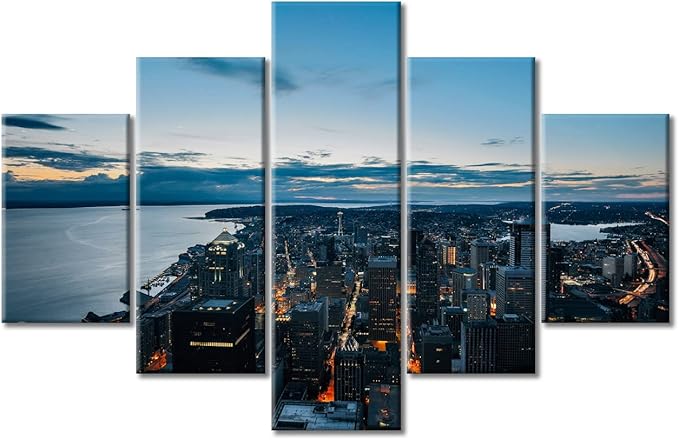 5 Panel Washington America Skyline Home Decor Posters and Prints Seattle Skyscraper Cityscape Canvas Wall Art for Living Room Wall Decor Giclee Wooden Framed Gallery-Wrapped Ready to Hang (60"Wx40"H)