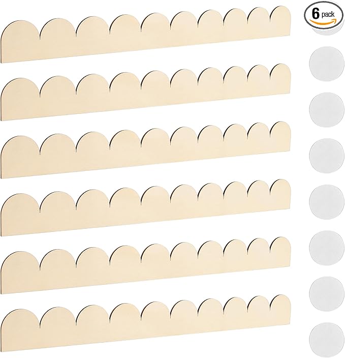 6Pcs Unfinished Scalloped Decorative Wood Trim with Glue Dots, 15.75" x 1.57" Scalloped Wooden Edging Trim Cute DIY Moulding Trim for Home Wall Cabinet Window Door Decor, Interior & Exterior Use