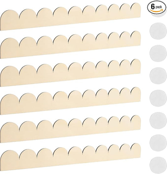 6Pcs Unfinished Scalloped Decorative Wood Trim with Glue Dots, 15.75" x 1.57" Scalloped Wooden Edging Trim Cute DIY Moulding Trim for Home Wall Cabinet Window Door Decor, Interior & Exterior Use