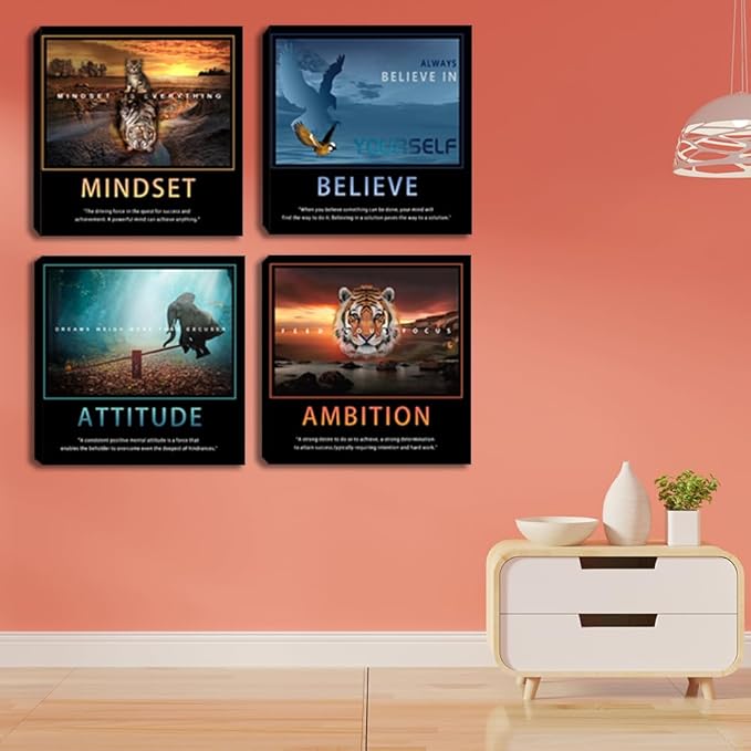 Motivational Posters Wall Art Inspirational Canvas Prints Inspiring Quotes Animals Painting Picture Office Motivational Wall Decor Framed 4 Pieces Living Room Bedroom Workplace Decoration 20"x20"x4