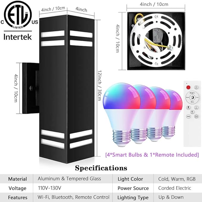 KIZON Modern Smart Porch Lights RGBCW, Dusk to Dawn Outdoor Lights Color Changing App Control with Remote, Dimmable WiFi Up and Down Lights Outdoor Sconce for House Theater Garage, ETL Listed, 2 Pack