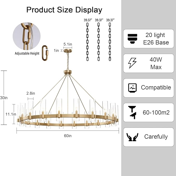 60 Inch Gold Chandelier, Wagon Wheel Chandelier with Glass Shade, 20-Lights Large Round Modern Farmhouse High Ceiling Pendant Lighting Fixture for Dining Room, Living Room, Kitchen, Foyer