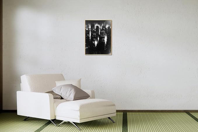 Abstract Cityscape Wall Art, Modern Urban Night Skyline Canvas Painting, Contemporary Expressionist City Decor (Gold, 23" W x 31" L / 60x80cm, Framed)