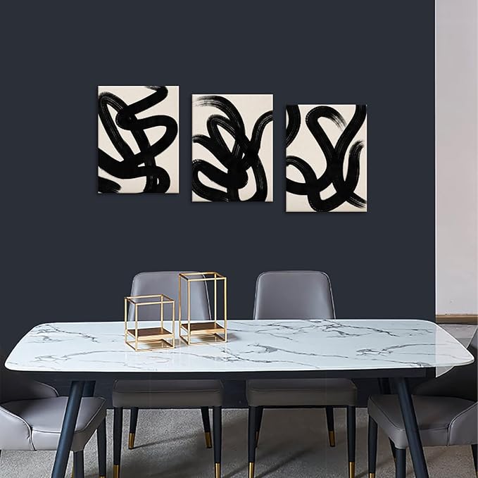 arteWOODS Wall Art Canvas Set Abstract Lines Pictures Modern Mid Century Boho Wall Decor Minimalist Abstract Black Stroke Lines Canvas Painting Artwork Living Room Bedroom Home Office 12"x16"x3