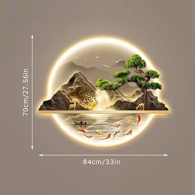 Wall Art Decor, 3D Wall Sculptures Painting Hanging Wall Art With Led Light, Decorative Wall Mounted Lamp, Oriental Decor Traditional Chinese Wall Hanging Painting，Home Entrance corridor, 84*70cm