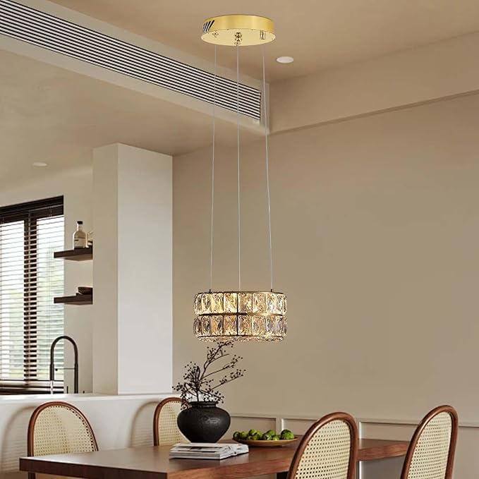Led 11.8" Gold Ring Crystal Chandelier, Modern Dimmable Chandeliers Lighting and Hanging Adjustable, LED Round Ceiling Light Fixtures for Dining Room Living Room