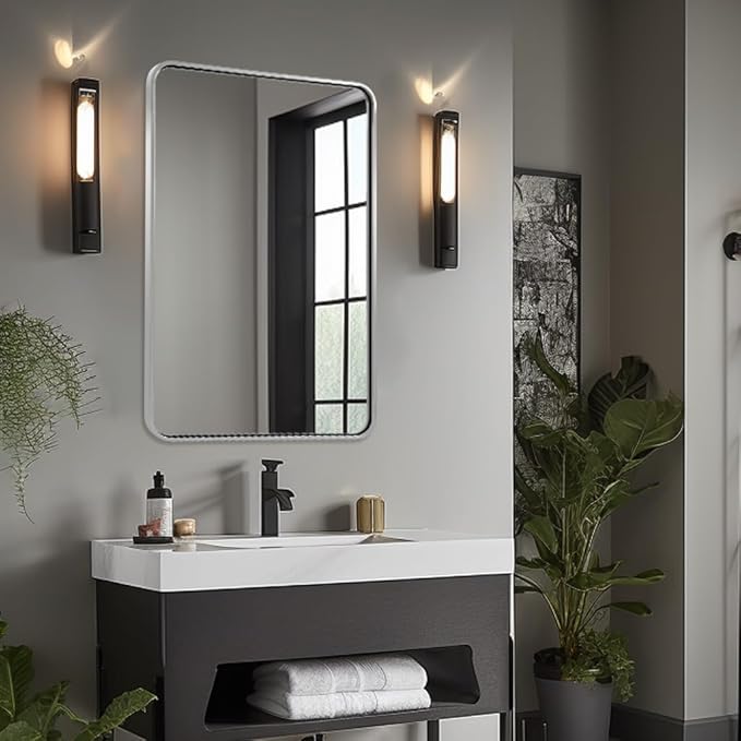 ANDY STAR Chrome Mirrors for Bathroom, 24x36’’ Rounded Rectangle Mirror, Chrome Bathroom Vanity Mirror, SUS304-Anti-Rust, Wall-Mounted Horizontal/Vertical 1’’ Deep