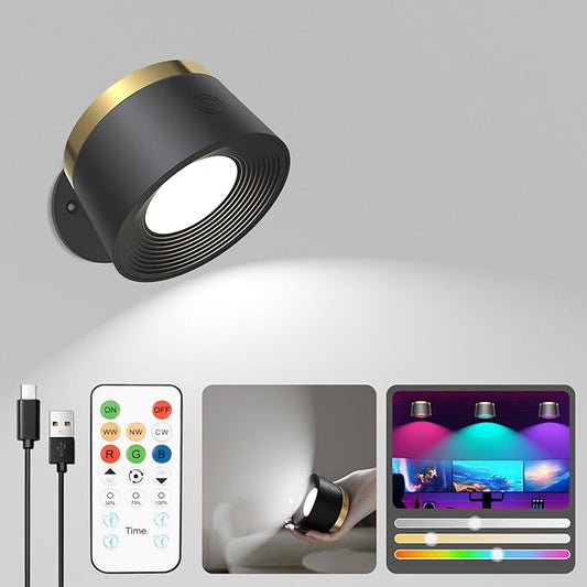 Moobibear LED Wall Lights with Remote, 3500mAh Rechargeable Battery Operated Wall Sconce, Dimmable 13RGB + 3 Color Temperature Magnetic Wireless Wall Lamp, for Rooms, Hallway (Black, 1 PC)