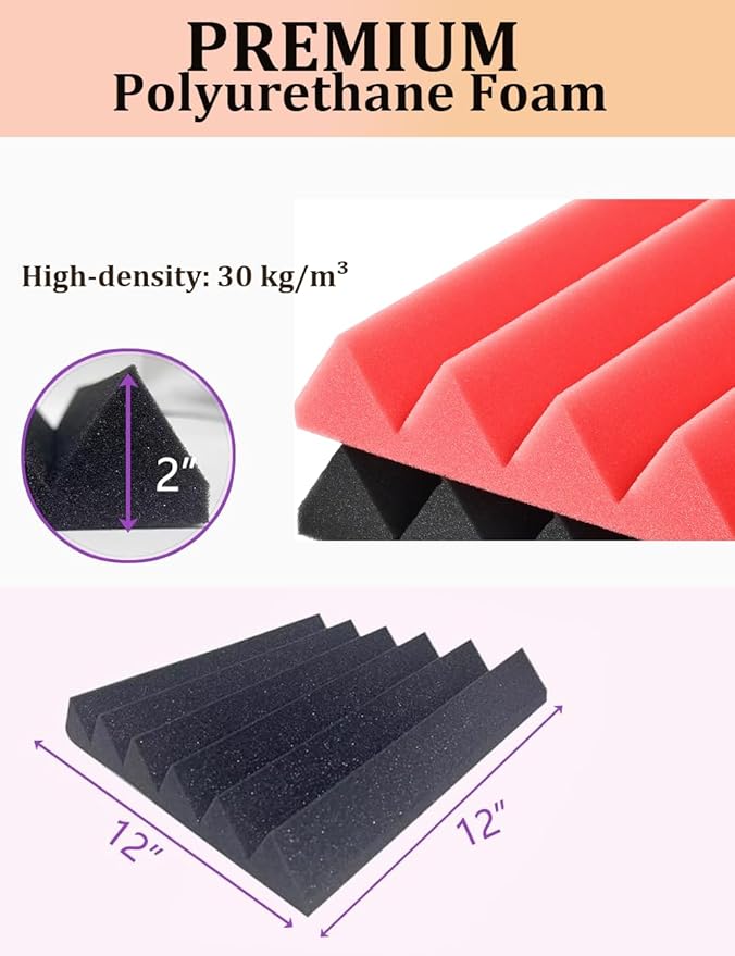 Acoustic Foams Panels 24 Pack 2" x 12"x 12" Sound Proof Foam Panels for Walls High Density and Fire Resistant Soundproofing Panels Soundproof Studio Wedges Sound Dampening Panels Black Red