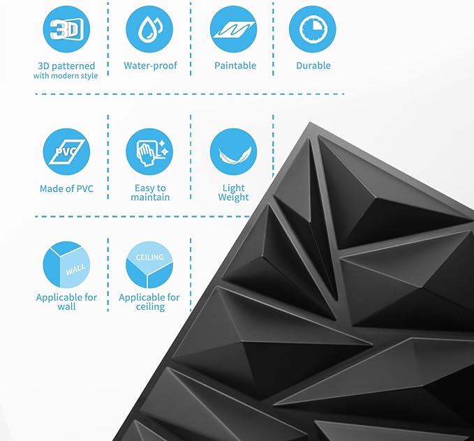 Art3d 50-Pack 3D Wall Panels for Interior Wall Decor, Modern Diamond Textured Accent Wall Paneling for Gaming Living Room TV Wall Background, 12 x 12 inch Black