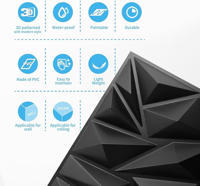 Art3d 33-Pack 3D Wall Panels for Interior Wall Decor, Modern Diamond Textured Accent Wall Paneling for Gaming Living Room TV Wall Background, 12 x 12 inch Black