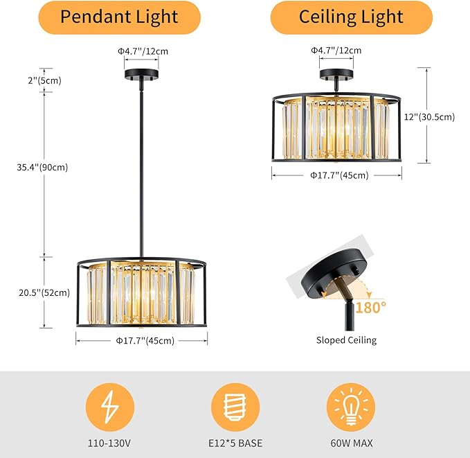 5-Light K9 Crystal Drum Chandeliers, Modern Pendant Light Fixture for Dining Room, Living Room, Bedroom, D18 x 12~58" Adjustable Height, Crystal Shade, Gold & Black Finish