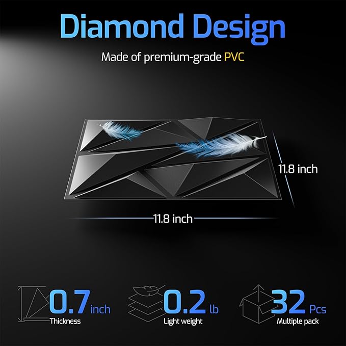 32 Pack 3D Wall Panels for Interior Wall Decor, 11.8'' x 11.8'' Decorative Wall Panels, Accent Wall Panels, 3D Diamond Design Wall Decor for Living Room, Bedroom, Gaming Room, Black