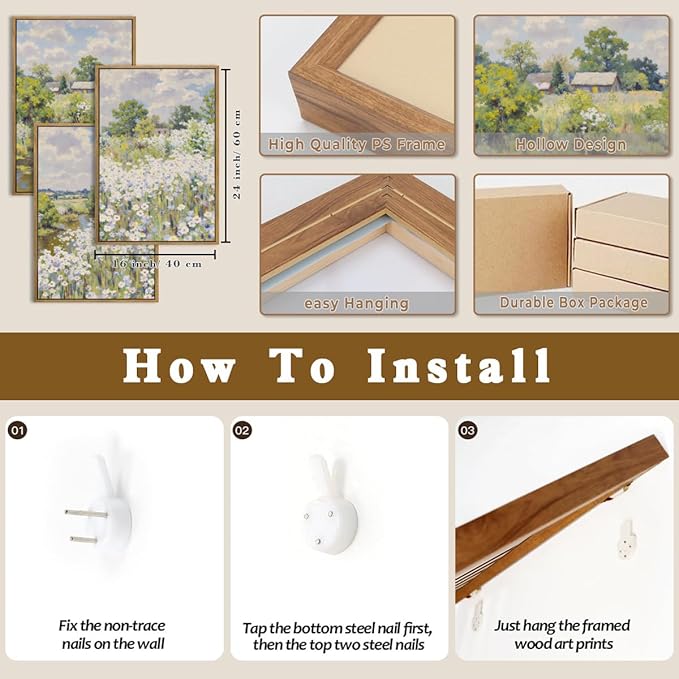 BINCUE Framed Wildflower Wall Art Rustic Floral Wall Decor Vintage Landscape Artwork for Living Room Bedroom Bathroom 16x24 Inches Set of 3