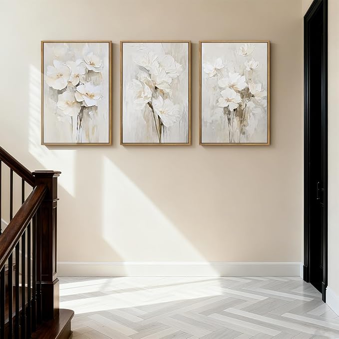 Anyzal Framed Beige Floral Wall Art Neutral Flower Wall Decor for Living Room Bedroom Dining Room 16x24 Inch Set of 3