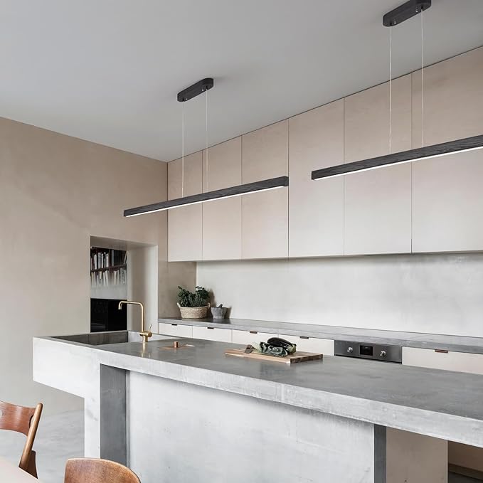 59'' Led Pendant Light 40w Dimmable with Remote Wood Linear Pendant Lighting Led Modern Chandelier Island Light with Black Finish for Living Room Dining Room Billiard & Pool Lights Black