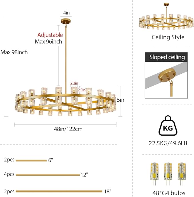 Modern 48 inch Gold Round Chandeliers Light Fixture, Crystal Chandeliers for Dining Room, Living Room Chandelier, Wagon Wheel Chandelier Over Table, Suitable for Bedroom,Foyer,Includes Bulbs