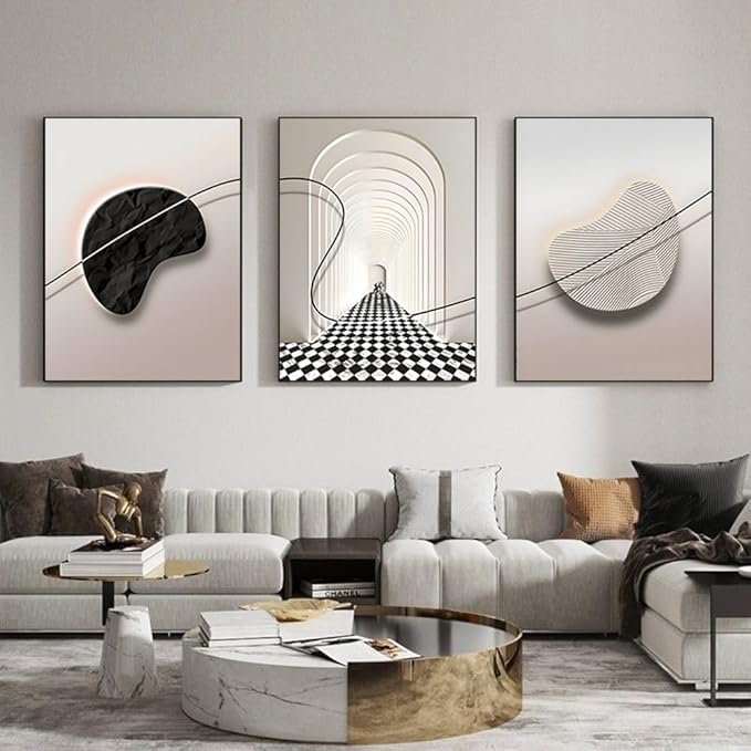 ARTFEB Abstract Modern Framed Canvas Wall Art Set, Geometric Line Wall Decor, Minimalist Neutral Wall Painting, Beige Black Art Prints for Living Room, Bedroom, Office(Black, 24" X 32" X 3 pieces)