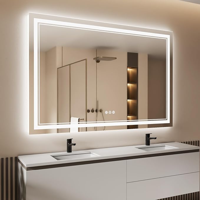 60x40 Inch LED Bathroom Mirror with Lights, Backlit and Front Lighted Bathroom Mirrors for Wall, Anti-Fog Dimmable Memory Shatterproof LED Vanity Mirror for Bathroom