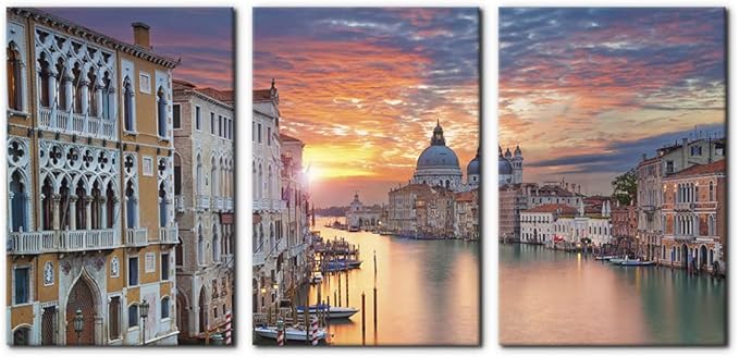 Pacimo 3 Piece Canvas Wall Art - Venice Framed Wall Art Decor Grand Canal in Venice Pictures Painting on Canvas Modern Art Home Decoration Stretched and Framed Ready to Hang - 16 x 24 inch x 3 Panels
