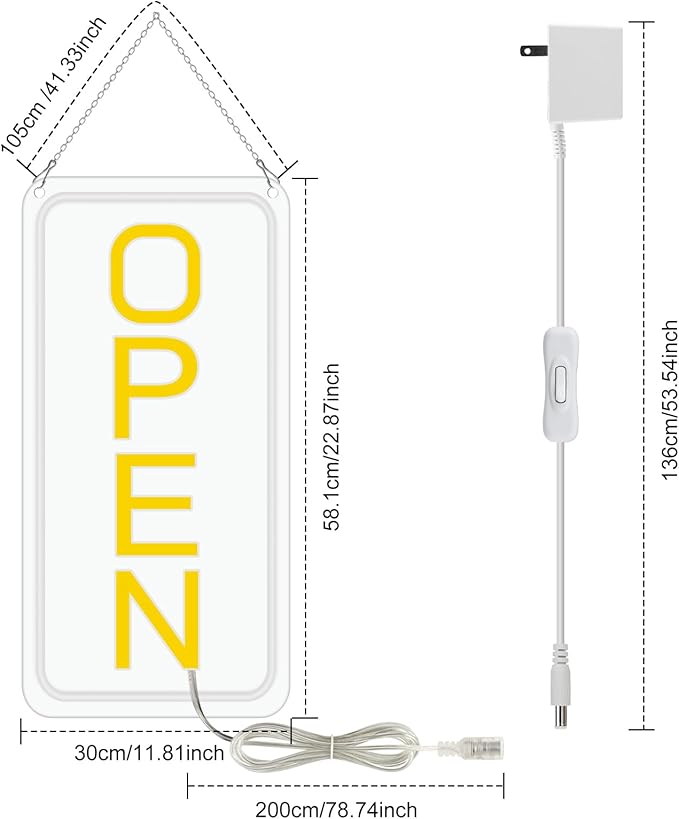 22.8"x 11.8" Ultra Bright 12V Neon Open Sign for Business, LED Open Neon Sign, Electric Light up Signs for Stores, Restaurants Offices Retail Shops Window (Yellow-White-Vertical)