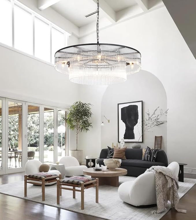 Large Modern Glass Chandelier Lighting Black Glass Chandeliers for High Ceiling Hall Living Room Stairs 12 Light Hanging Ceiling Light Fixture Round 39"