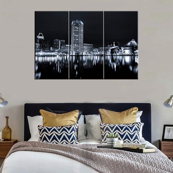3 Pieces Modern Canvas Painting Wall Art the Picture for Home Decoration Panoramic View of Baltimore Skyline at Night in Black and White Place Cityscape Print On Canvas Giclee Artwork for Wall Decor