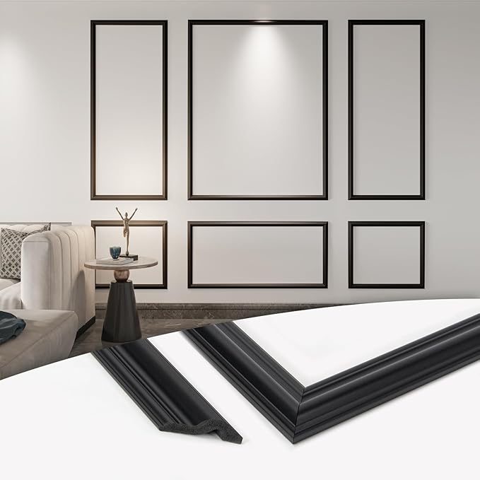 Art3d Pre-Cut Wall Molding Set of 6 pcs, Ready-to-Assemble Wainscoting Panels for Interior Wall Décor Living Room Bedroom Accent Wall - Installed with Glue, 3 Top 3 Bottom, Black