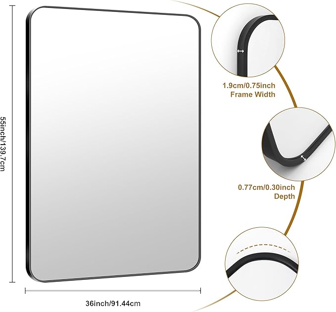 KOCUUY 55x36 Black Bathroom Mirror, Large Matte Black Vanity Mirror, Tempered Glass Mirror for Bathroom Wall, Black Rounded Rectangle Mirror Modern Decor for Bedroom, Living Room, Farmhouse, Entryway