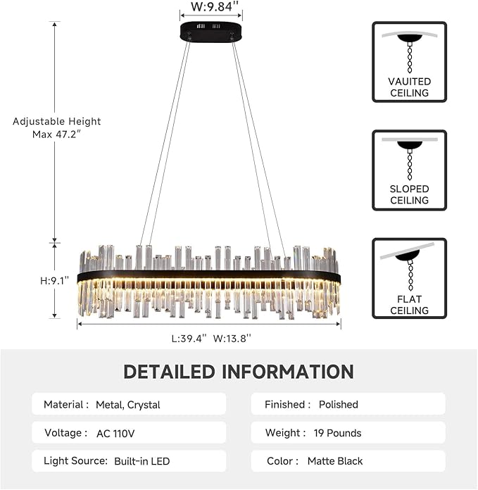 Black Modern Led Crystal Chandelier: 39.3" Rectangle Linear 3 Color Dimmable Chandeliers for Dining Room Over Table - Luxury Rectangular Contemporary Oval Light Fixture for Living Room Bedroom Foyer