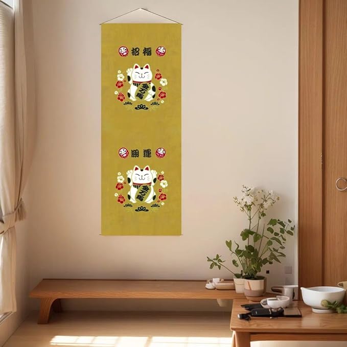 Japanese Tapestry Scroll Wall Art - Good Fortune Feng Shui & Lucky Symbols | W15.7xH47.2", Extra Long Vertical Hanging Decor for Bedroom, Living Room, Office | Washable Fabric (Beckoning Cat) CTT-129