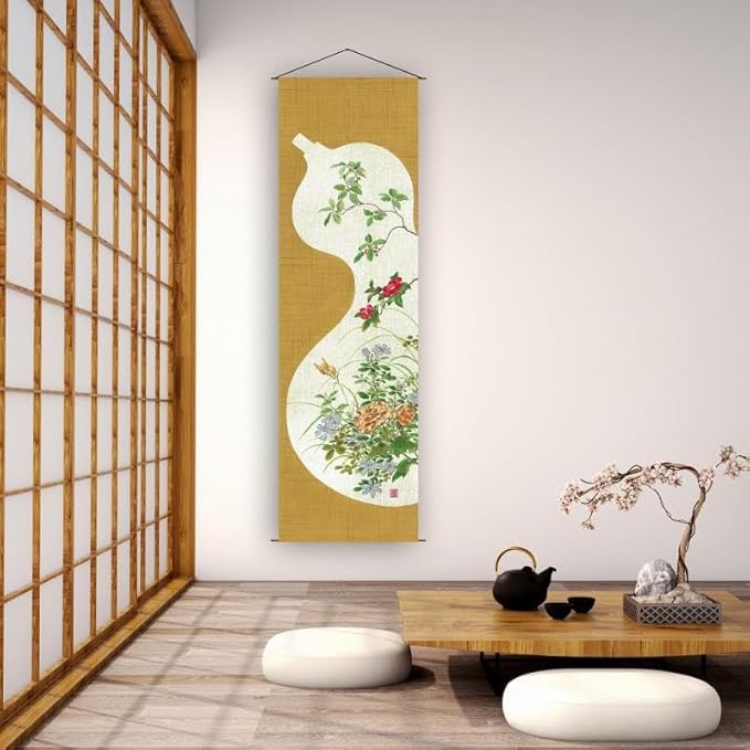 Japanese Tapestry Wall Art - Good Fortune Feng Shui & Lucky Symbols | W15.7xH47.2", Extra Long Vertical Hanging Decor for Bedroom, Living Room, Office | Washable Fabric (Gourd) CTT-37