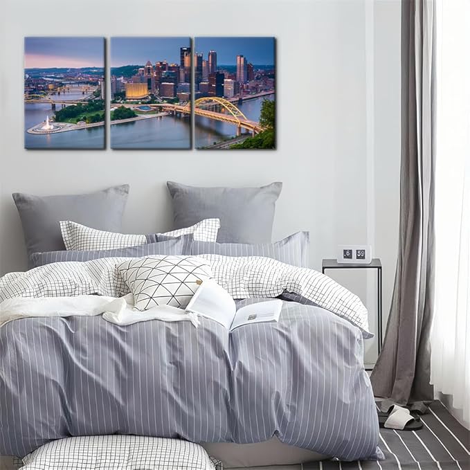 Pacimo Canvas Wall Decor for Living Room Bedroom Office Pittsburgh Cityscape Wall Art for Decorations Mount Washington Canvas Wall Prints City Skyline Picture for Home Decor Framed - 20"x28"x3 Panels