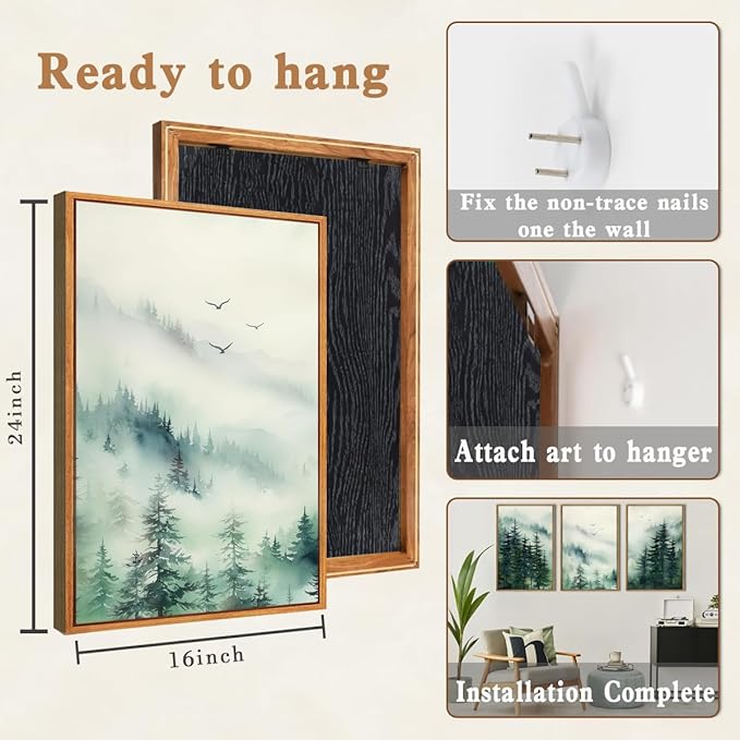 Anyzal Large Foggy Forest Wall Art Decor Framed Abstract Misty Mountain Artwork Prints for Living Room Bedroom Office 16x24 Inch Set of 3