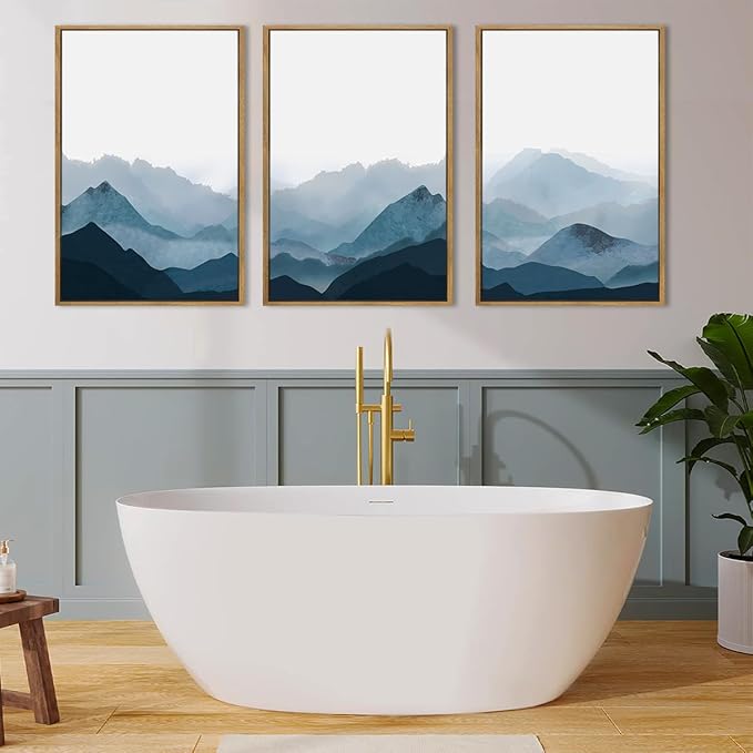 BINCUE Large Blue Mountain Wall Art Fog Blue Ridge Mountains Artwork for Living Room Bedroom Office 24" Lx36 W Set of 3