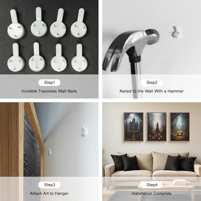 Ausril Halloween Moon Castle Framed Canvas Wall Art Set, Scary Dark Forest Witch Wall Decor, Cute Ghost Wall Painting, Pumpkin and Bats Art Prints for Gothic Party, living room, Club -16"x24"x3