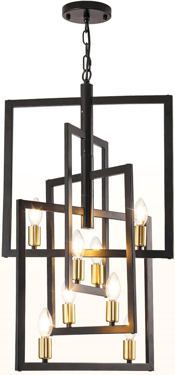 Black and Gold Chandelier, 8-Light Farmhouse Lantern Pendant Light Fixtures, Rustic Industrial Foyer Lighting Fixtures, Large Chandeliers for High Ceilings, for Hallway, Staircase, Entryway