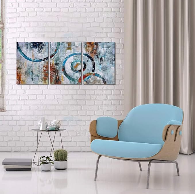 MAMAGO Abstract Wall Art - 3 Panels Geometric Canvas Circle Posters Painting Modern Grey Blue Picture Decor for Living Room Framed Easy to Hang - 12" W x 16" Hx3pcs