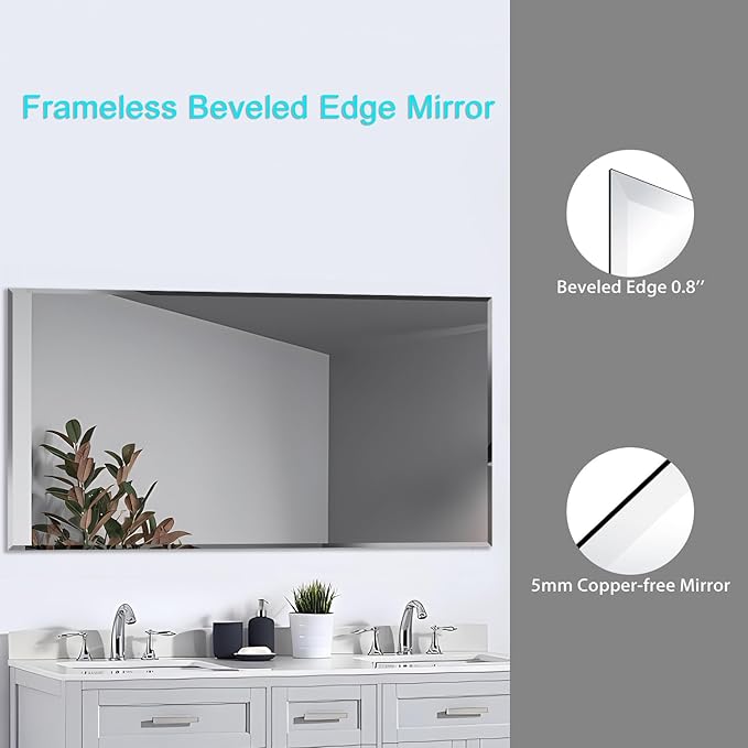 60x36 Inch Bathroom Mirror Frameless Beveled Edge Rectangle Wall Mirror Explosion Proof and Shatterproof Bathroom Vanity Mirror Wall Mounted Hang Firmly (Horizontal or Vertical)