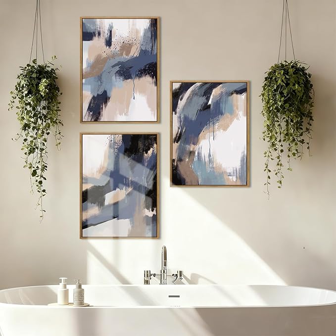 BINCUE Blue Neutral Wall Art Modern Abstract Artwork for Living Room Bedroom Office 12" Lx16 W Set of 3