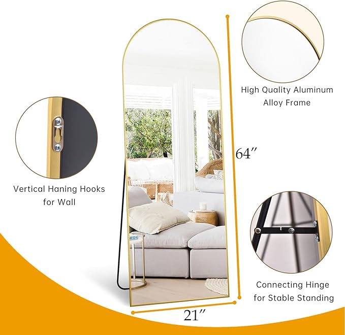 Arched Full Length Mirror, 64"X21" Large Floor Mirror, Full Body Mirrors for Leaning or Hanging, Standing Mirrors for Bedroom, Living Room,Dressing Room, Aluminum Alloy Frame, Gold