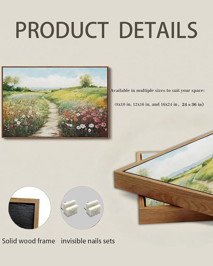 KISSFOX Vintage Framed Wall Art Decor Modern Farmhouse Spring Landscape Pictures Paintings Wall Decor Rustic Wildflower Canvas Art Prints Nature Countryside Artwork For Bedroom Kitchen Living Room